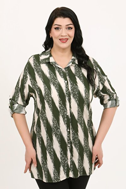 By Alba Collection Γυναικείο πουκάμισο από βαμβακερό χακί βισκόζη σε μεγάλο μ...