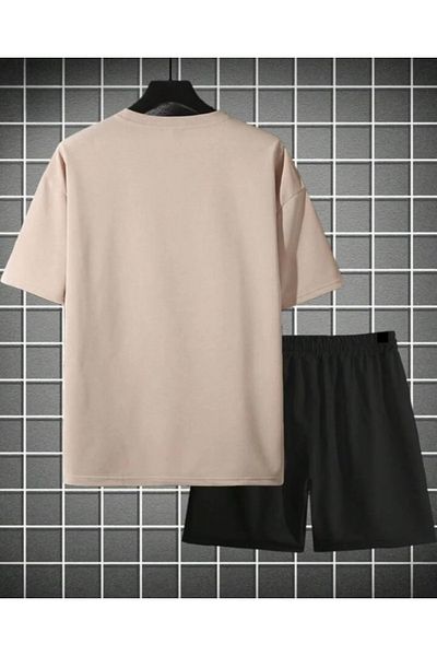 BYMEER Beige Black Universe Printed Bottom Top Shorts T-Shirt Set