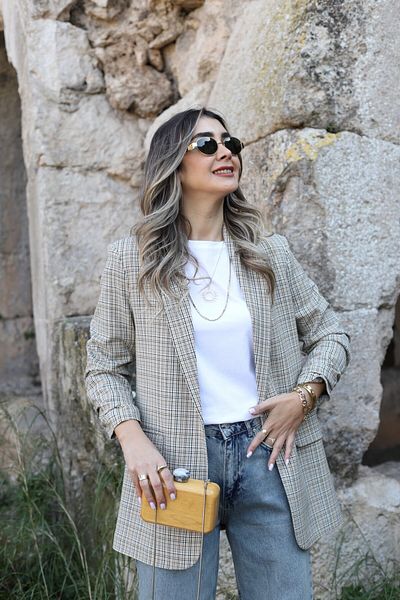 bytugcekaya Кафяв мотивиран топ щит блейзър