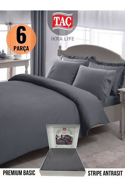 Taç Premium Basic Stripe Anthracite Satin Double Duvet Cover Set