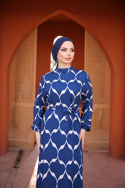 Zaure Women's Hijab Patterned Belted Viscose Dress