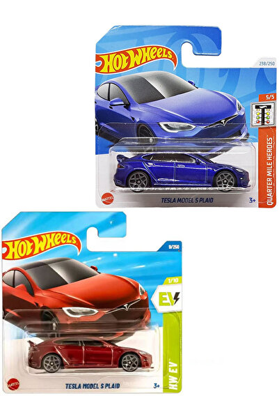 HOT WHEELS مجموعة من 2 سيارة تسلا - هوت ويلز تسلا موديل S منقوشة باللون الأحم...