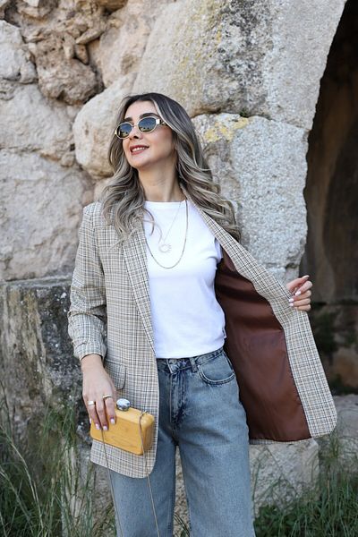 bytugcekaya Кафяв мотивиран топ щит блейзър