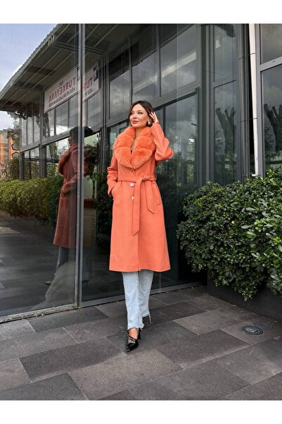 Leylakco Elenor Yaka Kürk Detaylı Lüks Kaşe Kaban