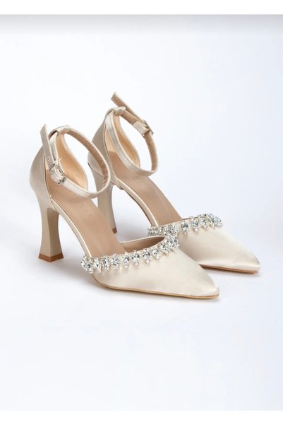 LARİNA SHOES Satin Material Front Stone Women's Evening Dress Shoes