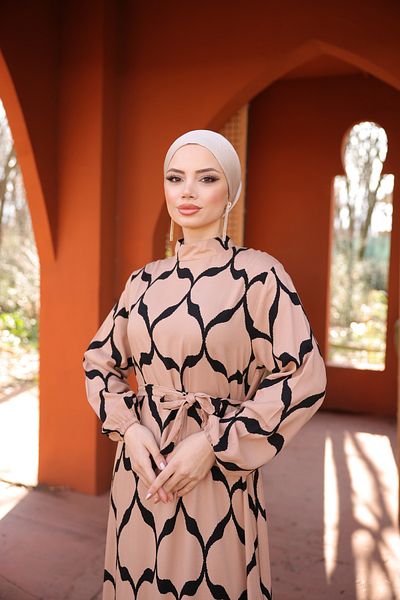 Zaure Women's Hijab Patterned Belted Viscose Dress