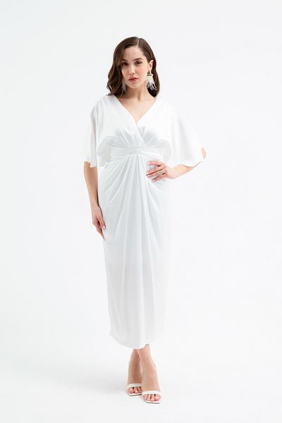 Lafaba Women's White V Neck Flared Sleeves Midi Dress