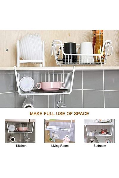 AKDC 2 Pack Under Shelf Basket with Hooks – Stable Hanging Storage for Kitchen, Office, Pantry