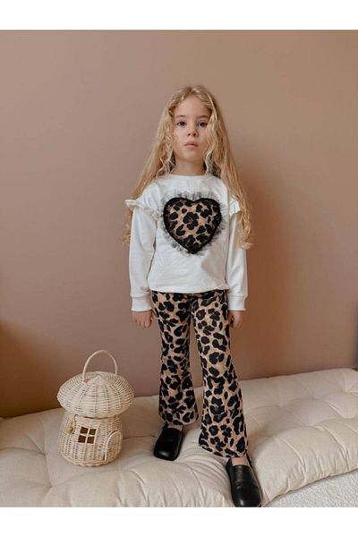MİNİKO KİDS Costum pentru fetiță, model de inimă, detaliu din tul, leopard, cu picior evazat spaniol