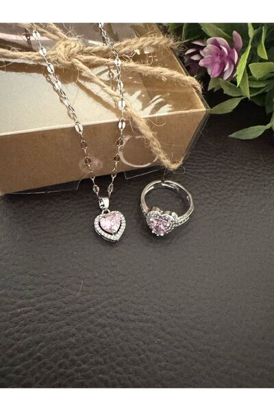 stainless steell الصلب |   قلادة قلب باندو (فضي-وردي 45 سم)