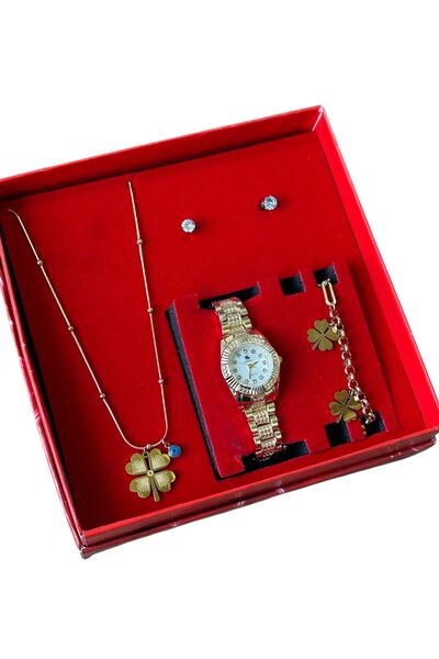 ESNASTORE Gold Kadın Yonca Kolye Bileklik Saat Seti