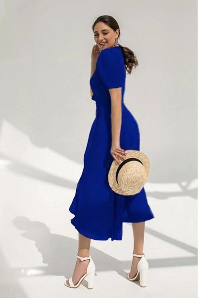 Kokosh moda Γυναικείο κοντομάνικο κρεπ μίντι φόρεμα με διπλό γιακά