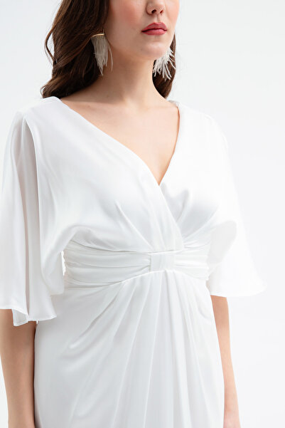 Lafaba Γυναικείο Μίντι Φόρεμα με λευκό λαιμόκοψη V με μανίκια