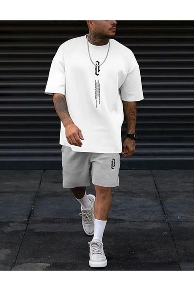 BYMEER White Gray Vertical Printed Bottom Top Shorts T-Shirt Set