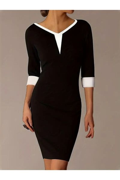 Masspera Women's Three Quarter Sleeve V Neck Color Block Short Crepe Dress