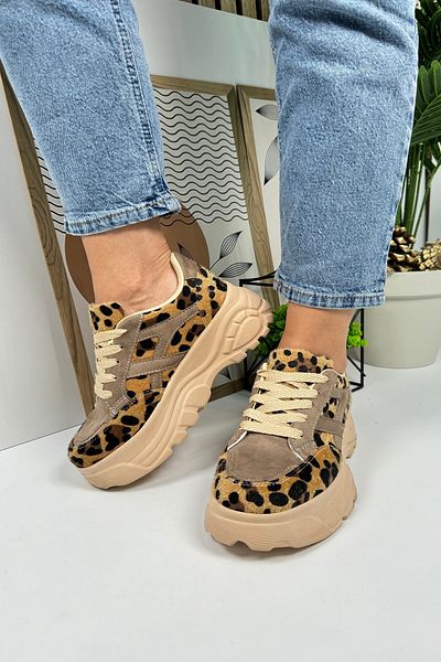 Nstil Women's Mink Yellow Leopard Pattern Comfortable Sneakers - Thick Sole and Lace-Up Tiger Stripe Sports Shoes 032