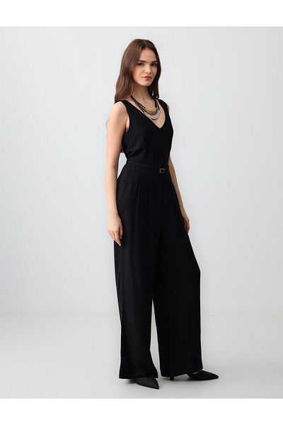 Jimmy Key Black Straight Cut Belt Detailed Sleeveless Woven Linen Jumpsuit