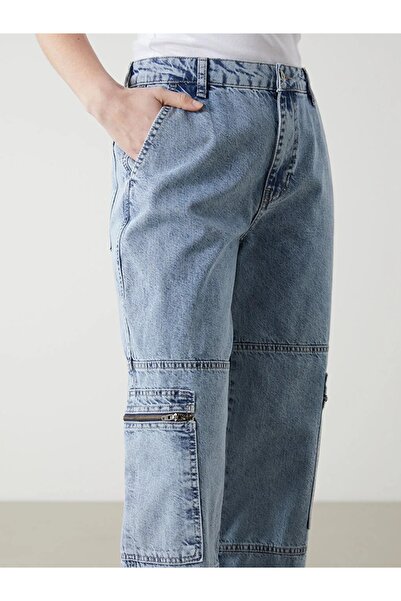 LC Waikiki Mavi Yüksek Bel Wideleg Kadın Kargo Jean Pantolon