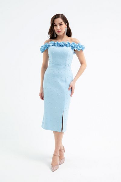 Lafaba Rochie de seară pentru femei, albastru bebeluș, cu guler floral și perle, pentru logodnă