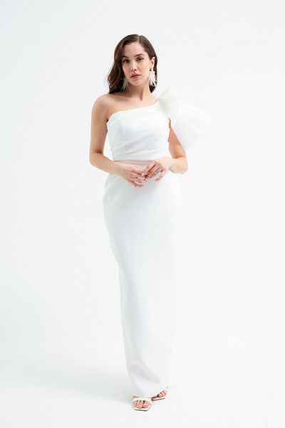 Lafaba Women's White One Shoulder Detailed Promise Engagement Wedding Evening Dress