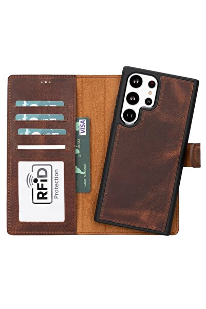PLM Samsung Galaxy S23 Ultra Uyumlu Deri Cüzdanlı Kılıf G2 Kahve