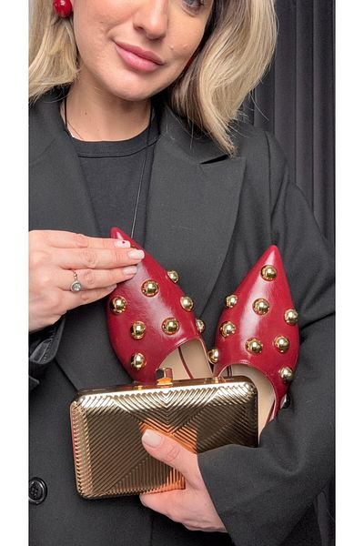 Eataly Shoes Pointed Toe Gold Buckle Slippers Claret Red Model