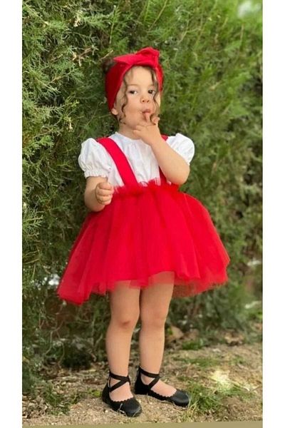 Süslüm Kids Girl's Party Dress Birthday Outfit 3-Piece Conbin Hairband and Short Sleeve Shirt