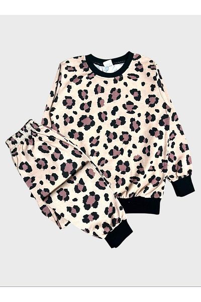 ALİŞ KİDS Girl's Cotton Cream Color Leopard Patterned Long Sleeve Seasonal Pajama Set