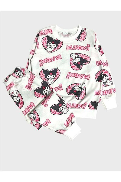 ALİŞ KİDS Set de pijamale sezoniere pentru fete, bumbac, alb, roz, cu mâneci lungi, cu model Kuromi