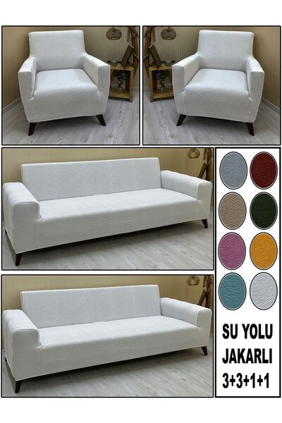 KILIFSAN Pamuklu Su Yolu Jakarlı Kumaş 2 Adet Üçlü-2 Adet Tekli Koltuk Kılıfı Seti Terletme ve Yakma Yapmaz