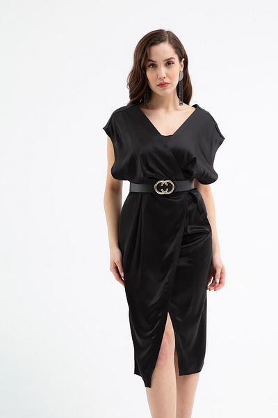 Lafaba Rochie midi neagră de damă, cu guler dublu, cu curea
