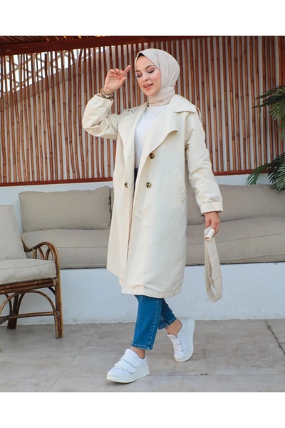 Moda Echer Mevsimlik Trençkot Çift Düğmeli Kemerli Cepli Torino Astarsız