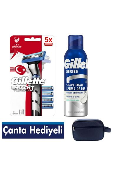 Gillette Mach3 Turbo 3D Machine 5 Spare Razor Blades 200 ml Foam Bag