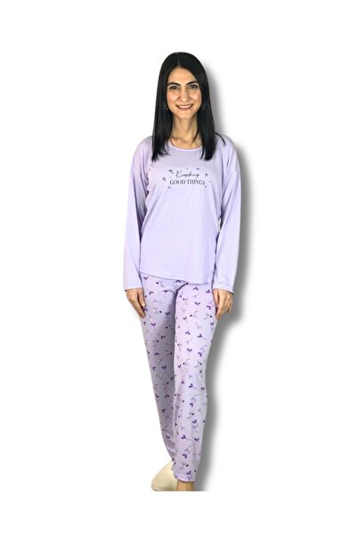 YusGos Women's Cotton Viscon Floral Patterned Pajamas Set (Lilac)
