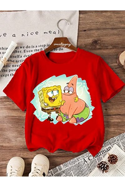 oneagılyazı تي شيرت باتريك وسبونجبوب كبير الحجم للأطفال مطبوع