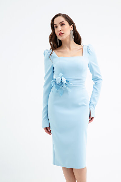 Lafaba Kadın Bebe Mavi Gül Detaylı Uzun Kol Söz Nişan Nikah Abiye Elbise