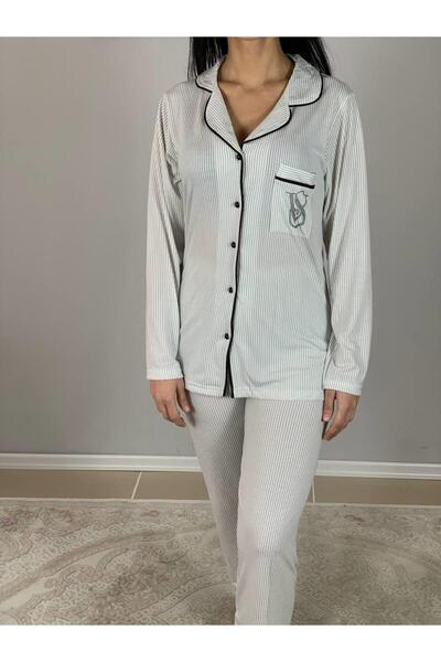 YusGos Women's Cotton Viscon Baby Collar V. Secret Striped Pajama Set (White)