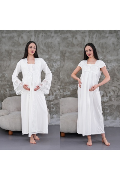 BLACKMORE Kadın Ekru Tasarım Dantelli Lohusa Hamile Gecelik-Sabahlık 2'li Tak...
