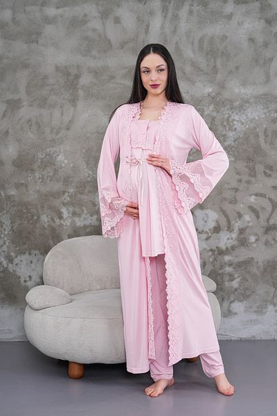 BLACKMORE Women's Powder Lace Full Length Nightgown-Dressing Gown and Maternity Maternity Pajamas Set of 4