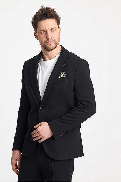 Frappoli Jasino Ανδρικό μαύρο βαμβακερό Lycra Slim Fit πλεκτό τεντωμένο μονόχρωμο σακάκι με γιακά