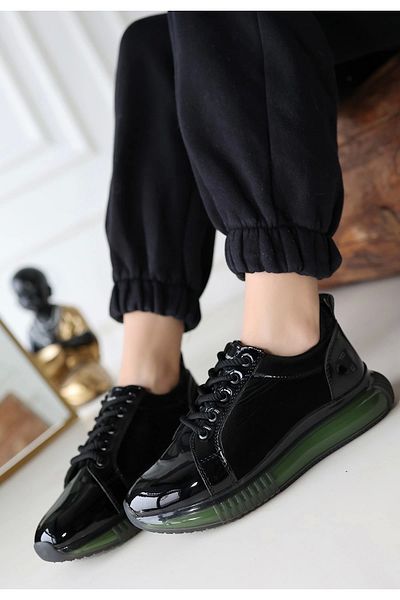 KAZAX Piona Black Patent Leather Green Sole Sneakers