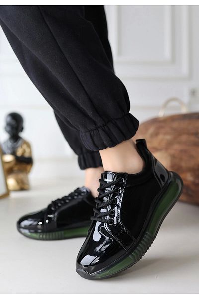 KAZAX Piona Black Patent Leather Green Sole Sneakers