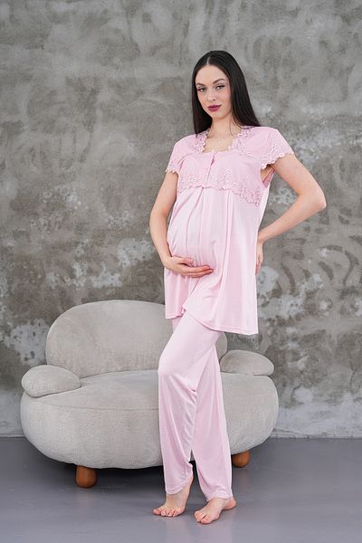 BLACKMORE Women's Powder Lace Cotton Full Length Dressing Gown Maternity Pregnant 3-Piece Pajama Set