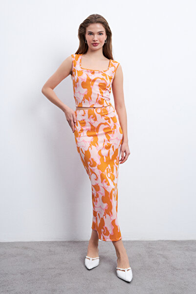 Know Women's Orange Pink Patterned Lycra Long Skirt Strap Suit