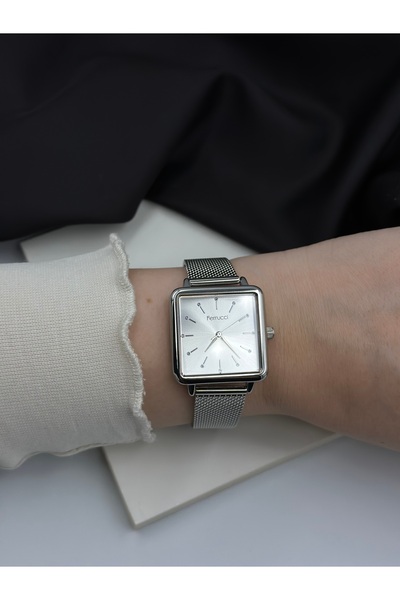 Ferrucci FERRUCCİ-(GÜMÜŞ) dikdörtgen kasa hasır kordon kadın kol saati
