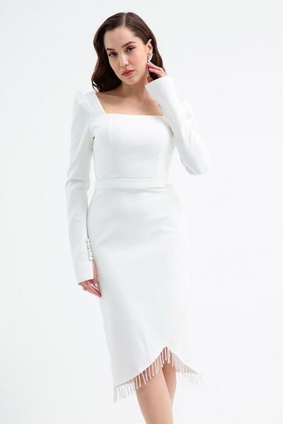 Lafaba Women's White Stone Detailed Long Sleeve Promise Engagement Wedding Evening Dress