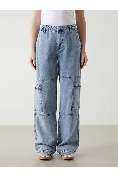 LC Waikiki Pantaloni cargo de damă cu talie înaltă albastră