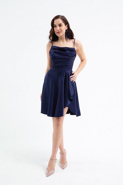 Lafaba Women's Navy Blue Flounce Slit Short Satin Evening Dress & Graduation Dress