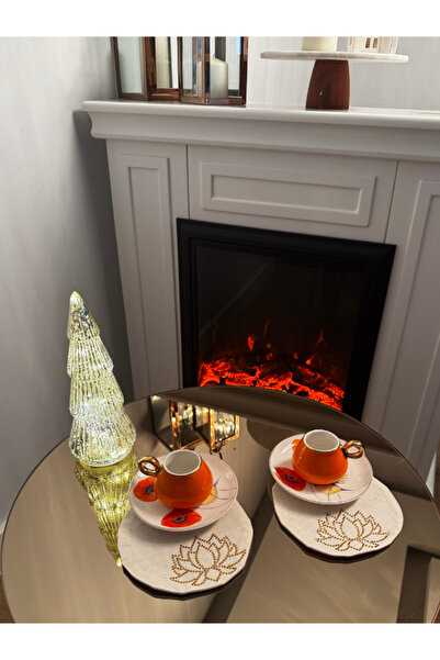 Menar Tasarım Lotus Flower Κεντημένη Χαρτοπετσέτα Παρουσίασης και Αστάρια 6 Τεμάχια