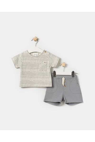 Minipodyum Baby Boy Summer Double Set with Pocket Striped T-Shirt and Shorts